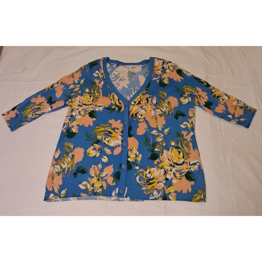 Isaac Mizrahi Live! Garden Floral Cardigan V-Neck Sweater Blue  1XL